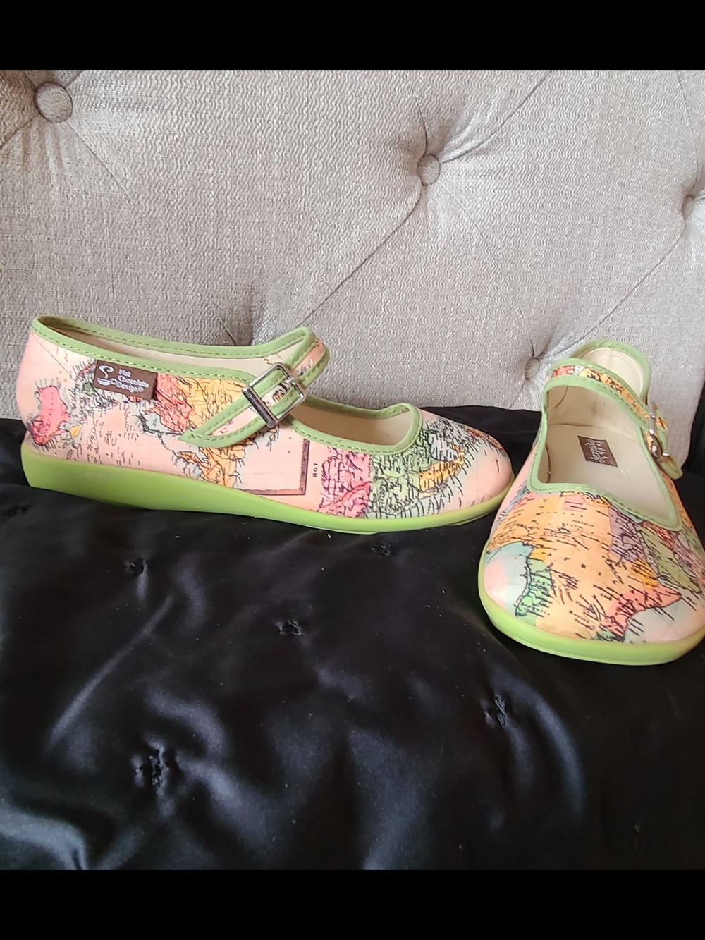 Map-Print Mary Jane Flats with Pastel Green Trim - Picture 3 of 6